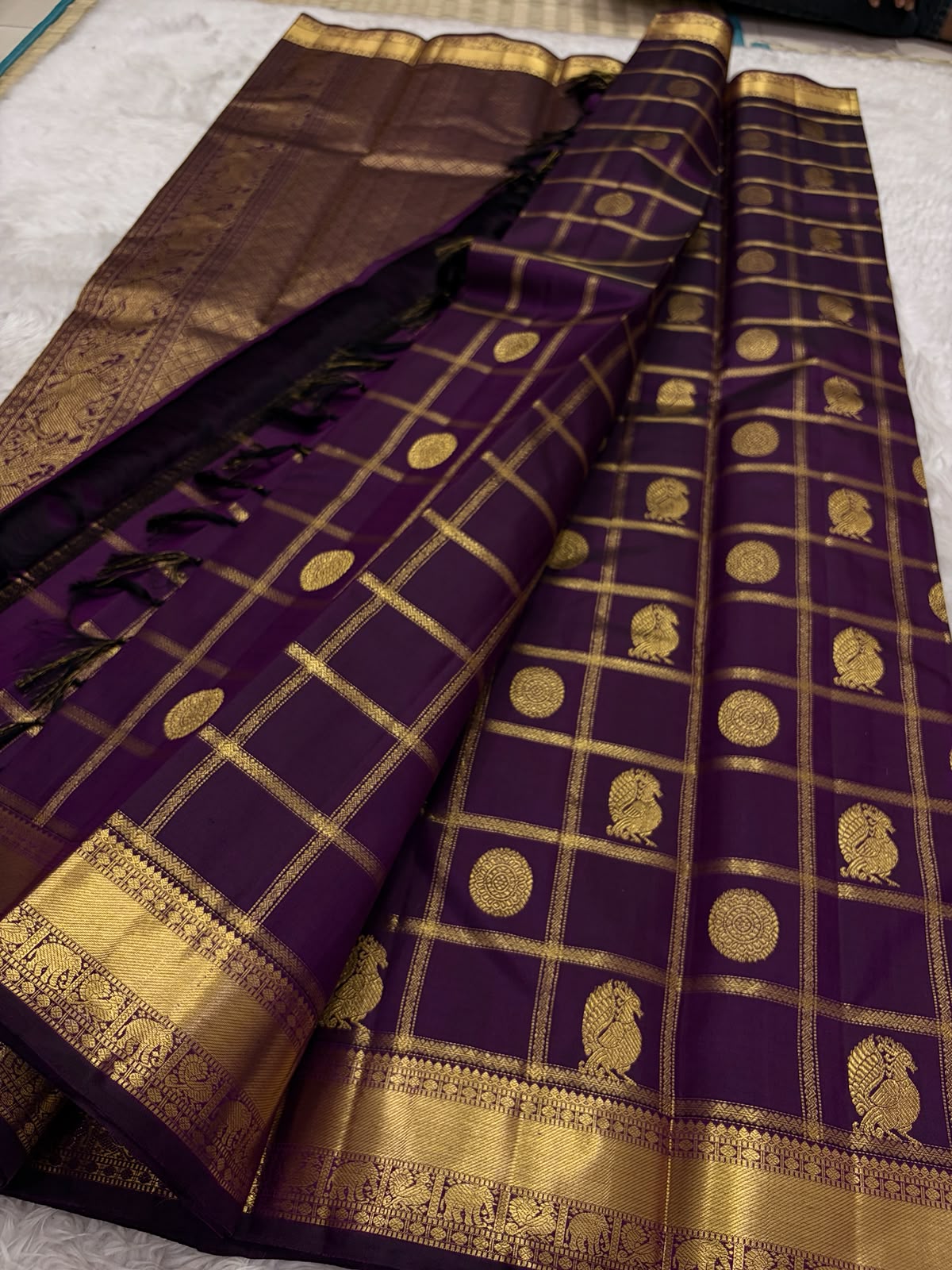 Pure Kanchipuram Handloom Bridal Silk Saree with Zari Beldari Checks